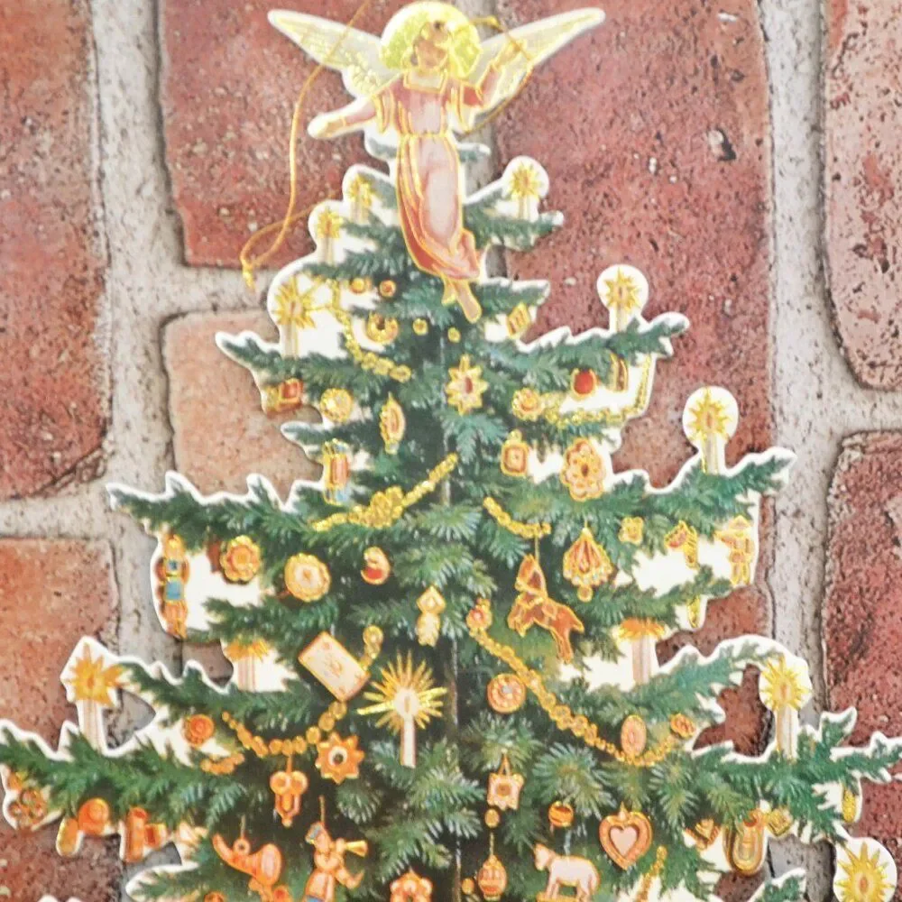 Set Of 6 Cardboard Die Cut Victorian Christmas Trees Ready To Hang 1 Santa Fan